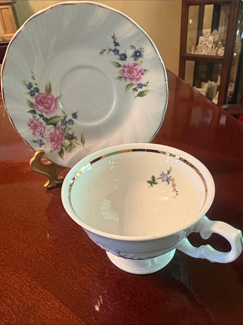 Delicate Pink Floral Porcelain Teacup and Saucer with Gold Trim